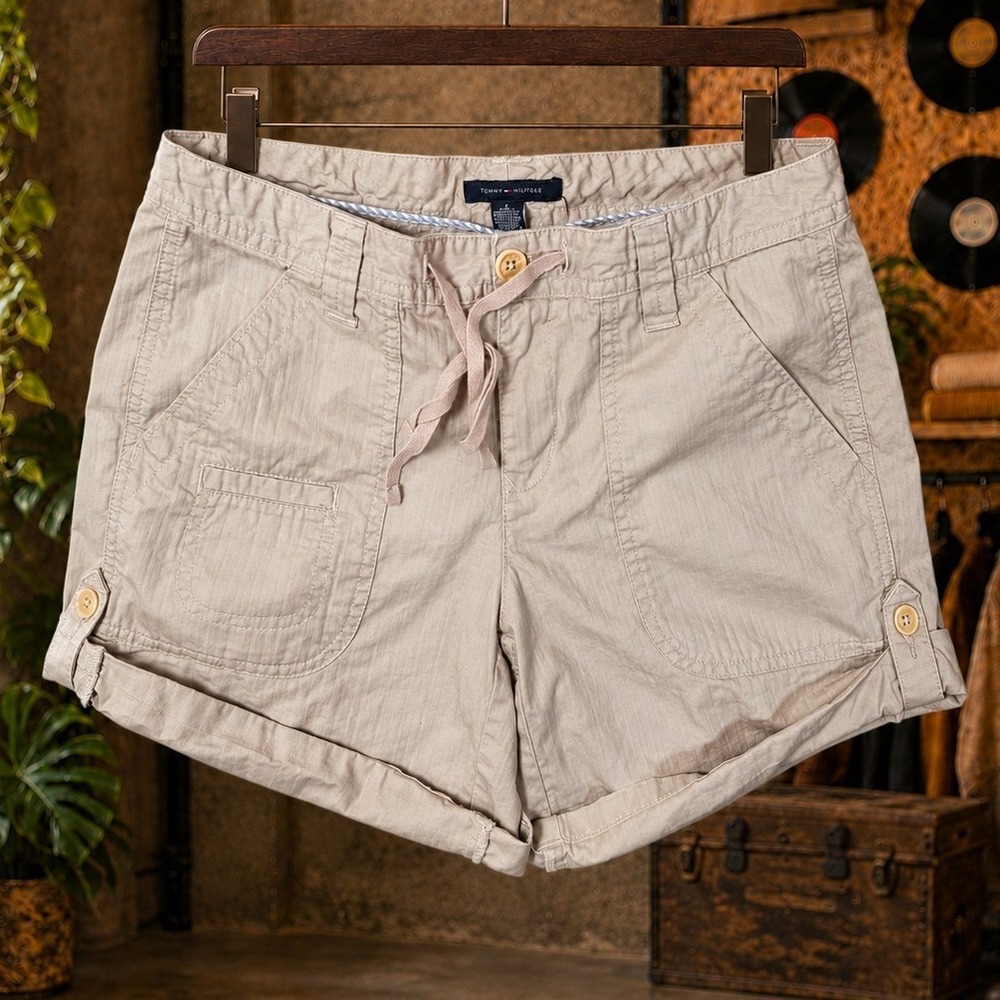 Tommy Hilfiger Khaki Cargo Shorts Women 6 Tan Cotton Drawstring Cuffed Chino